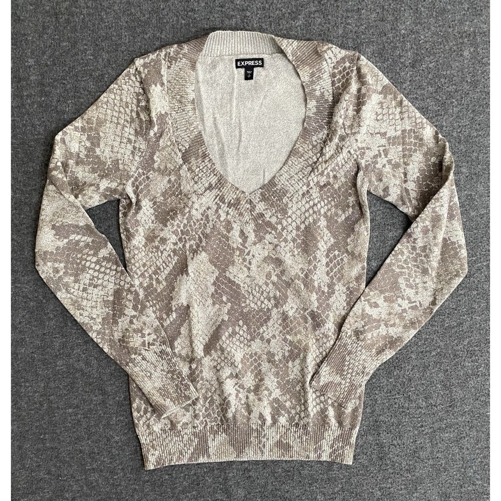 Express Beige Snakeskin Print Metallic V-Neck Pullover Sweater Womens S